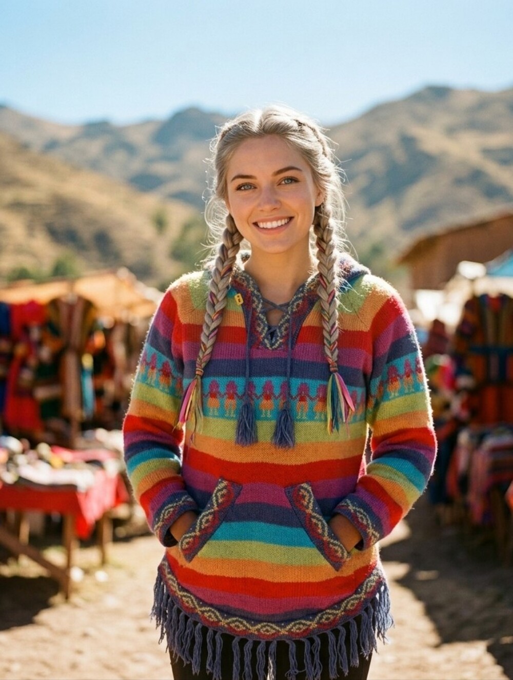 🆕 GAMBOA [Peru] Alpaca Multicolor Hooded Tasseled Sweater | S NWOT